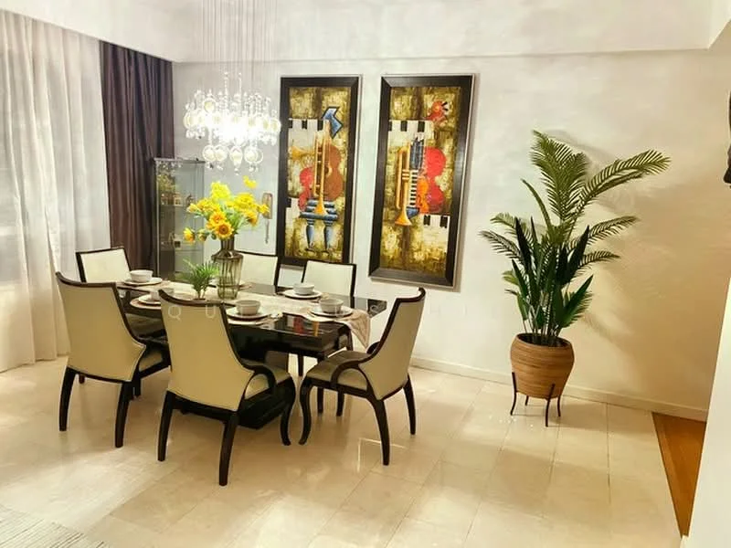 Dining features: 6-seater dining table, upholstered dining chairs in cream, chandelier with multiple bulbs, framed artwork on walls, decorative plant in pot, white walls, cream curtains, marble tile flooring; style: modern.