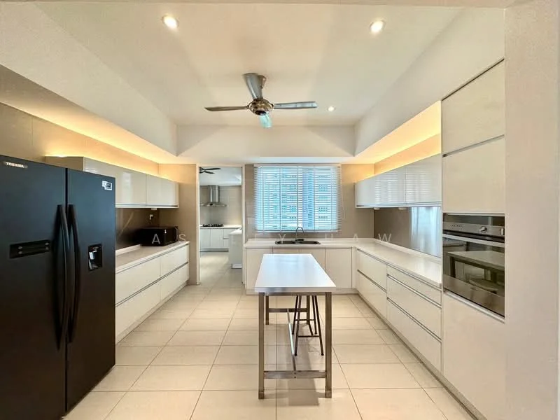 Kitchen features: white cabinetry with flat-panel doors, black stainless-steel fridge, built-in oven, built-in microwave, white countertop, island with seating, recessed downlights, ceiling fan, tile flooring, window with horizontal blinds, splashback with neutral color, sink with faucet; style: modern.
