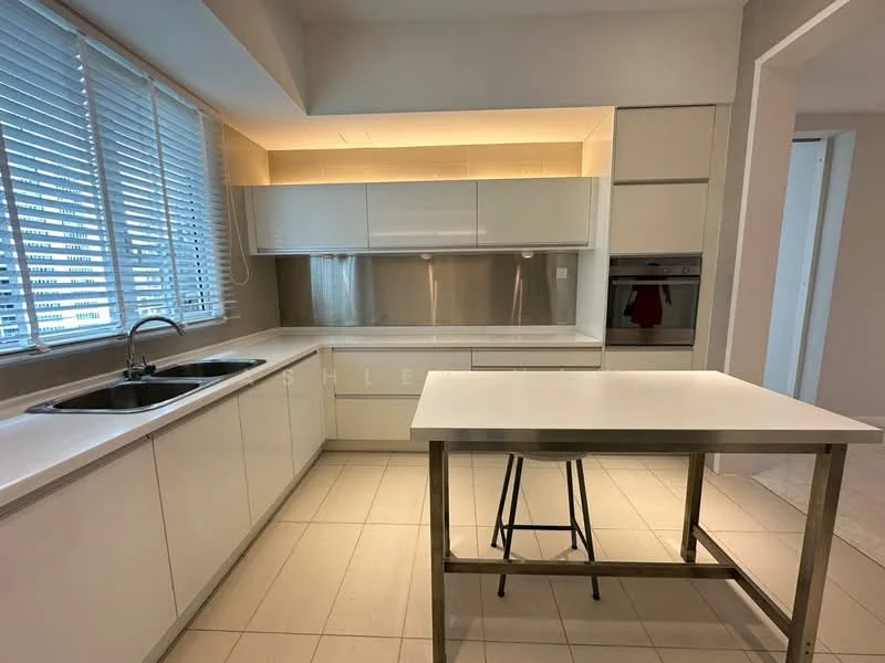 Kitchen features: white cabinetry, stainless-steel backsplash, double-bowl stainless-steel sink, chrome pull-down faucet, white countertop, island with metal base, built-in oven, ceramic tile flooring, recessed downlights, window with blinds; style: modern.