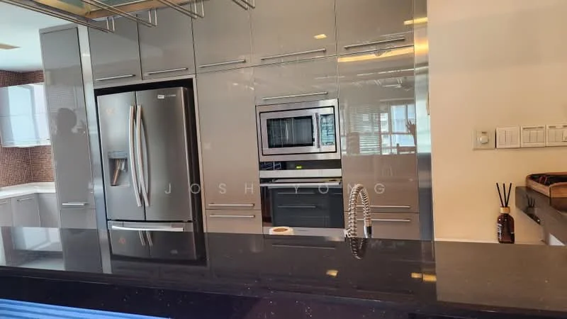 Kitchen features: grey cabinetry, stainless-steel fridge, built-in oven, microwave, black granite countertop, single-bowl stainless-steel sink, chrome pull-down faucet, recessed downlights, tile backsplash, open shelving, kitchen island; style: modern.