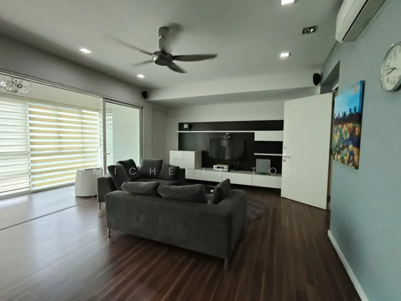Living features: 5-blade ceiling fan, grey fabric sofa, coffee table, TV console, wall-mounted TV, wood flooring, light blue painted walls, sliding glass door, sheer curtains, decorative artwork, recessed lighting; style: modern; view: garden.