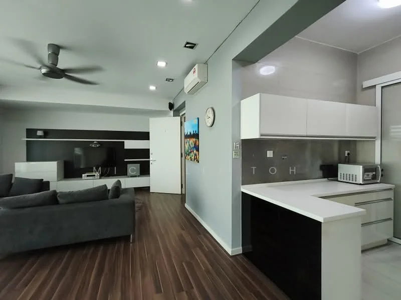 Living features: 5-blade ceiling fan with light, wall-mounted TV, TV console, sofa in grey fabric, coffee table, recessed downlights, wooden flooring, decorative wall art, open shelving, white painted walls, sliding glass door, kitchen island with countertop; style: modern. Kitchen features: white cabinetry, black cabinetry, microwave, stainless-steel sink, countertop, built-in appliances; style: modern.