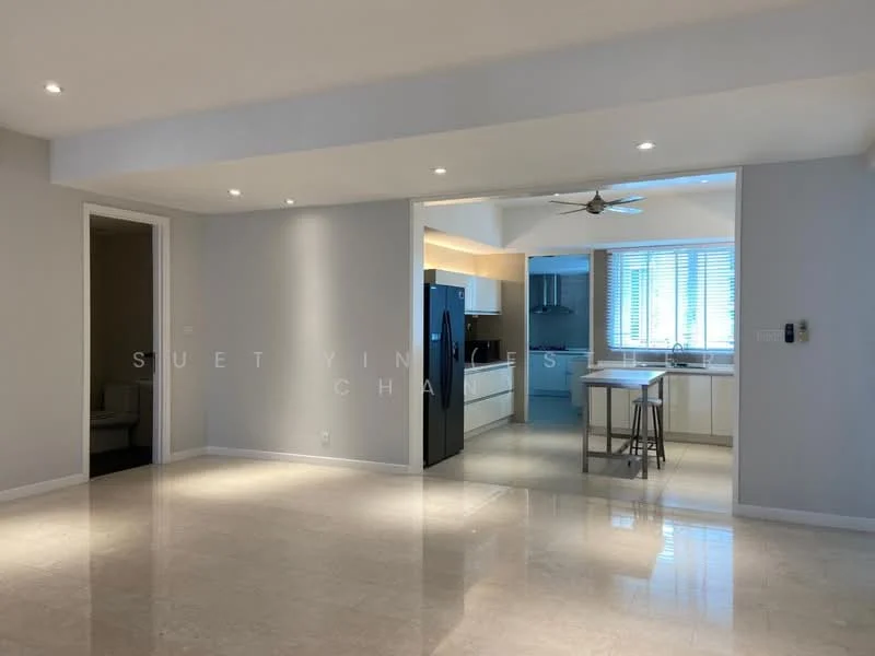 Living features: white painted walls, marble tile flooring, recessed downlights, 5-blade ceiling fan, open layout to kitchen, large windows with natural light, neutral color scheme, space for seating area; style: modern. Kitchen features: white cabinetry, stainless-steel fridge, kitchen island with seating, light-colored countertops, built-in oven, cooktop, window above sink, tile backsplash; style: modern.