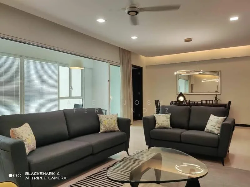 Living features: 2-seater fabric sofa in grey, 3-seater fabric sofa in grey, glass coffee table, ceiling fan, recessed downlights, floor-to-ceiling windows, sheer curtains, wall-mounted artwork, neutral wall colour, tile flooring; style: modern.