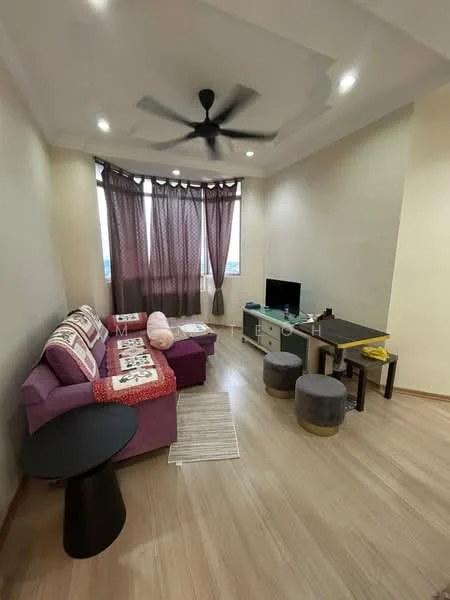 Living features: 3-seater fabric sofa in purple, decorative throw pillows, coffee table, TV console, wall-mounted TV, 2 round ottomans, ceiling fan, recessed downlights, floor-to-ceiling windows with sheer curtains, light wood flooring, area rug, decorative wall art; style: modern; view: city.