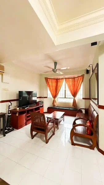 Living features: white tiled flooring, cream painted walls, tray ceiling, 5-blade ceiling fan, large windows with orange curtains, wooden coffee table, 2 wooden armchairs, wooden TV console, flat-screen TV, wooden bench seating, decorative mirror; style: traditional.