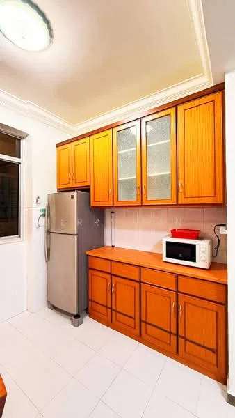 Kitchen features: stainless-steel fridge, microwave, wood cabinetry with glass-front upper cabinets, granite countertop, white tiled backsplash, white tiled flooring, recessed ceiling lights, single-bowl stainless-steel sink, chrome pull-down faucet, window above sink; style: modern.