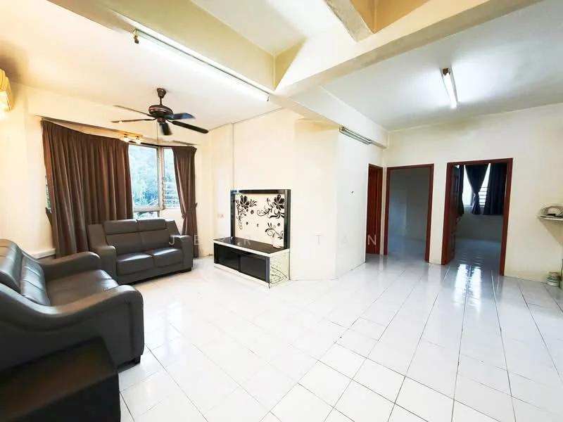 Living features: 3-seater leather sofa in grey, ceiling fan, wall-mounted TV, TV console, white tiled flooring, large windows with brown curtains, decorative wall with floral design, recessed lighting, open layout to adjacent rooms; style: modern; view: garden. Room features: white walls, doorway to adjacent rooms, light fixtures.