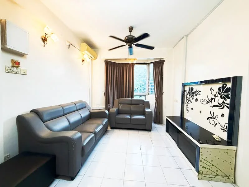 Living features: 3-seater leather sofa in grey, 2-seater leather sofa in grey, ceiling fan, wall-mounted TV cabinet, black TV console, decorative wall with floral pattern, white tiled flooring, curtains, air conditioning unit, window with view to outside; style: modern.