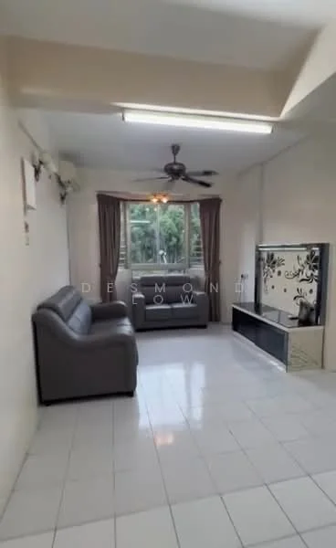 Living features: grey leather 3-seater sofa, grey leather 2-seater sofa, ceiling fan with light, wall-mounted TV unit, white tiled flooring, large windows with curtains, decorative wall panel, recessed lighting; style: modern; view: garden.