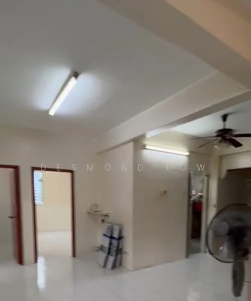 Room features: white painted walls, glossy white tile flooring, ceiling fan, fluorescent ceiling lights, open layout, doorway leading to another room, window with natural light, wall-mounted shelving.