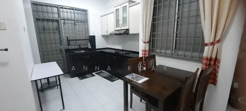 Kitchen features: black granite countertop, white cabinetry with glass-front upper cabinets, stainless-steel sink, 4-burner gas hob, built-in oven, tile backsplash, white tiled flooring, window with security bars, dining table with four wooden chairs, small table, recessed lighting; style: modern.