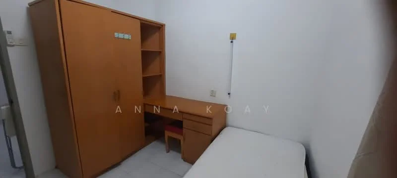 Bedroom features: single bed, wooden wardrobe, wooden study desk, wooden chair, white walls, tile flooring, built-in shelving, light fixture.