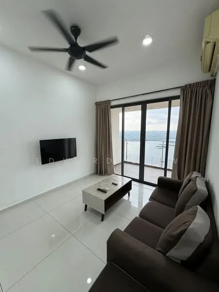 Living features: 3-seater fabric sofa in brown, coffee table, wall-mounted TV, ceiling fan, floor-to-ceiling windows, curtains, white painted walls, glossy tile flooring, air conditioning unit; style: modern; view: sea.