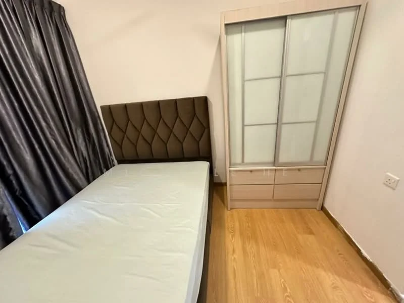 Bedroom features: queen-size bed with upholstered headboard, wooden flooring, floor-to-ceiling window with sheer curtains, built-in wardrobe with sliding doors, decorative wall with tufted design, neutral wall color, nightstand, lampshade; style: modern.