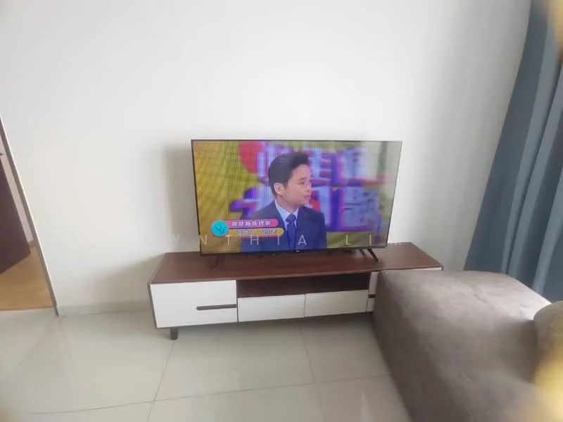 Living features: wall-mounted TV, TV console with drawers, beige fabric sofa, white walls, glossy tile flooring, curtains, decorative wall art; style: modern.