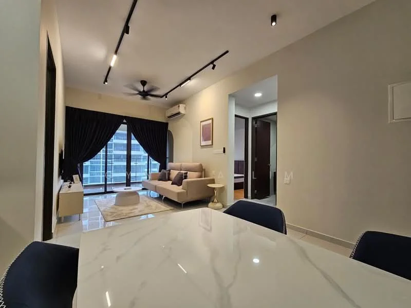 Living features: 3-seater fabric sofa in beige, coffee table, wall-mounted TV, floor-to-ceiling windows, blackout curtains, recessed LED downlights, ceiling fan, area rug, marble tile flooring, neutral painted walls; style: modern; view: city. Dining features: 6-seater dining table with marble top, upholstered dining chairs; style: modern.