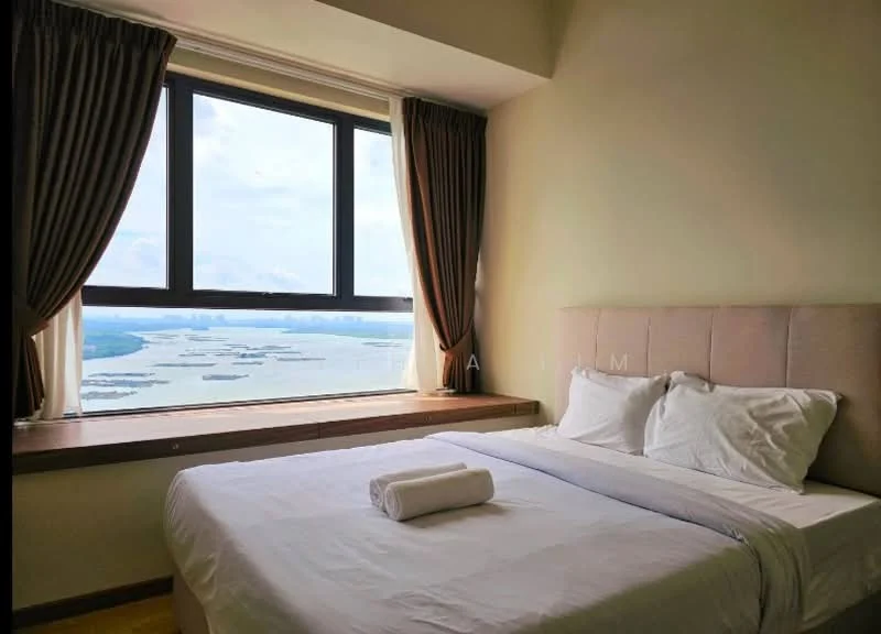 Bedroom features: king-size bed, upholstered headboard, white bedding, window with city view, curtains in brown, wooden window sill, laminate flooring, decorative wall, towel on bed; style: modern; view: city.