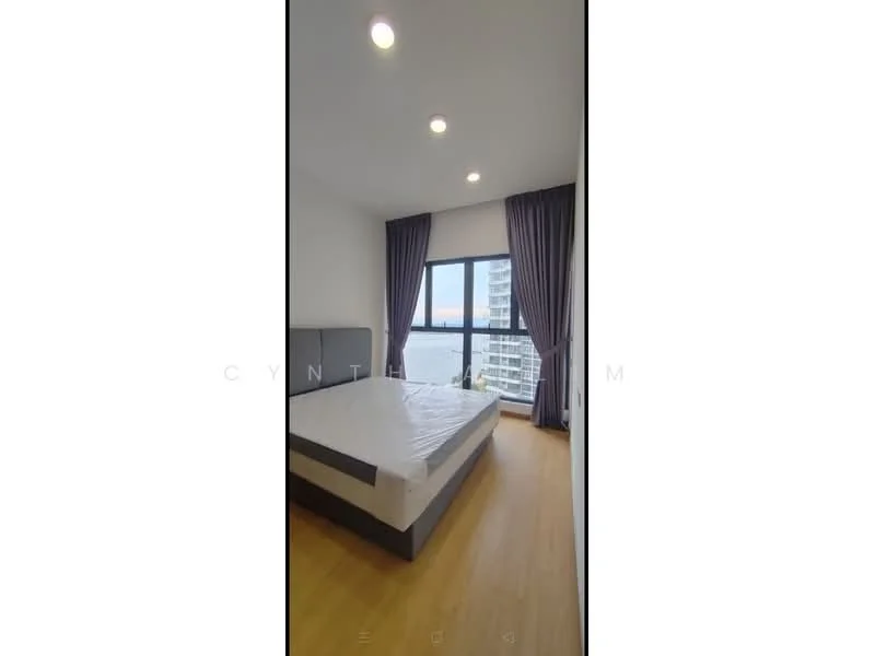 Bedroom features: queen-size bed, upholstered headboard, floor-to-ceiling windows, grey curtains, wooden flooring, recessed downlights, decorative wall, city view; style: modern; view: sea.