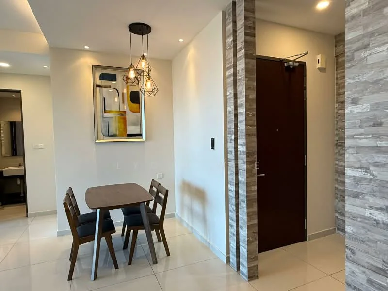 Room features: white painted walls, grey accent wall, tile flooring, recessed downlights, pendant light fixture, wooden dining table, 4 wooden dining chairs, main entrance door, decorative wall art, doorbell, wall-mounted intercom; style: modern.