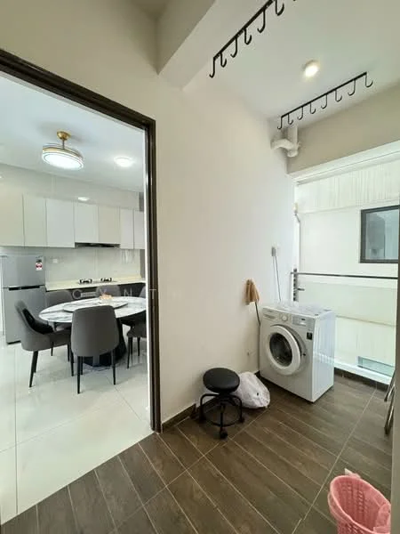 Laundry features: washing machine, black stool, white walls, tile flooring, recessed downlights, hanging hooks, window, doorway to kitchen; style: modern. Kitchen features: stainless-steel fridge, white cabinetry, black dining chairs, kitchen island, recessed lighting, tile flooring; style: modern.