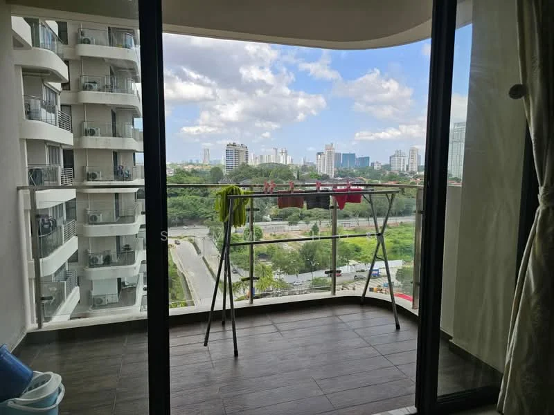 Balcony features: glass railing, city skyline view, clothes drying rack, ceramic tile flooring, overhead awning, sliding glass door, curtains, outdoor space; style: modern; view: city.