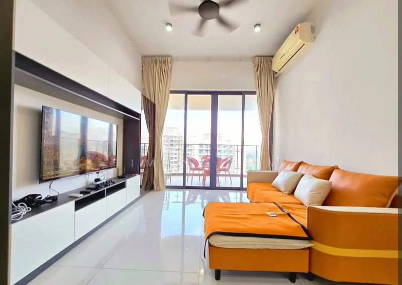 Living features: orange L-shape sectional sofa, white throw pillows, white wall-mounted TV unit, flat-screen TV, black gaming console, white glossy flooring, floor-to-ceiling windows, sheer curtains, wall-mounted split AC, ceiling fan with light, decorative wall art; style: modern; view: city.