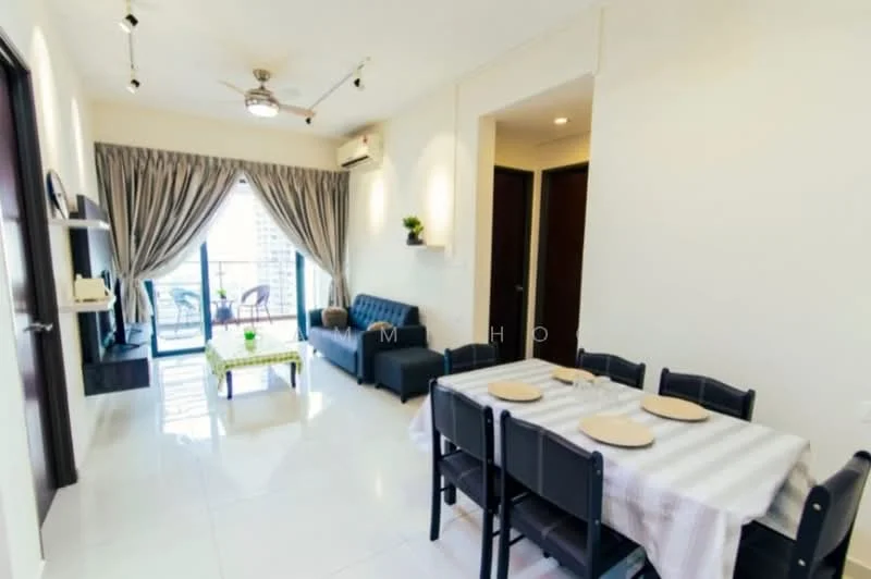 Living features: 3-seater fabric sofa in navy blue, coffee table with glass top, wall-mounted TV console, floor-to-ceiling windows, sheer curtains, recessed downlights, ceiling fan with light, area rug, decorative plant on shelf, dining table with 6 chairs, dining table set with placemats; style: modern; view: city.