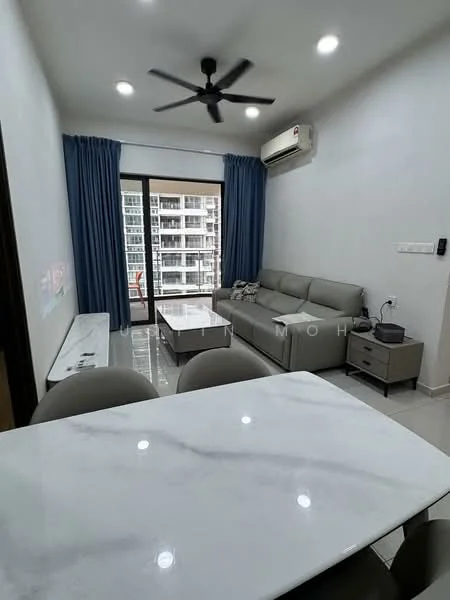 Living features: 3-seater fabric sofa in grey, coffee table, wall-mounted TV, floor-to-ceiling windows, sliding glass door, curtains in blue, ceiling fan, recessed LED downlights, wall-mounted air conditioning unit, white painted walls, tile flooring; style: modern; view: city. Dining features: marble-top dining table, 4 upholstered dining chairs; style: modern.