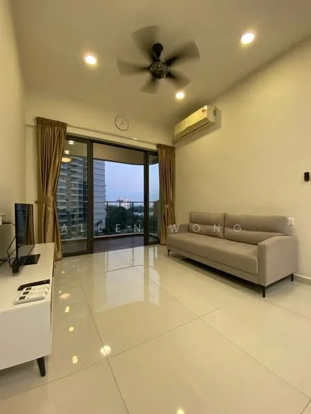 Living features: 3-seater fabric sofa in light grey, white TV console, wall-mounted TV, floor-to-ceiling sliding glass door, curtains in beige, ceiling fan with light, recessed downlights, glossy white tile flooring, air conditioning unit, decorative wall clock; style: modern; view: city.