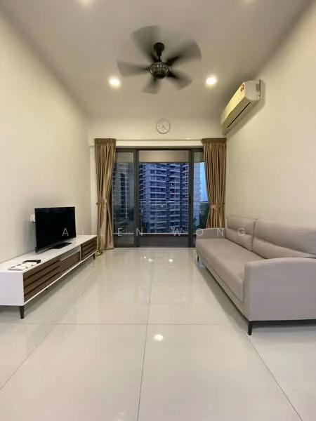 Living features: light grey fabric sofa, white TV console with wooden drawers, wall-mounted flat-screen TV, 5-blade ceiling fan, recessed LED downlights, sliding glass door, floor-to-ceiling windows, cream curtains, white painted walls, glossy white tile flooring, air conditioning unit; style: modern; view: city.