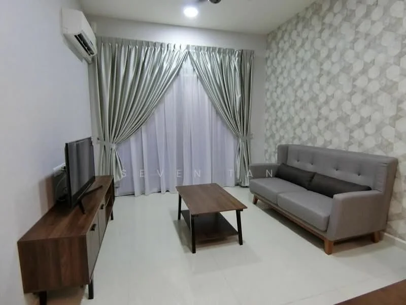 Living features: light grey fabric sofa, wooden coffee table, TV console, wall-mounted TV, floor-to-ceiling windows, sheer curtains, grey patterned accent wall, white painted walls, recessed downlights, glossy tile flooring, wall-mounted air conditioning unit; style: modern.