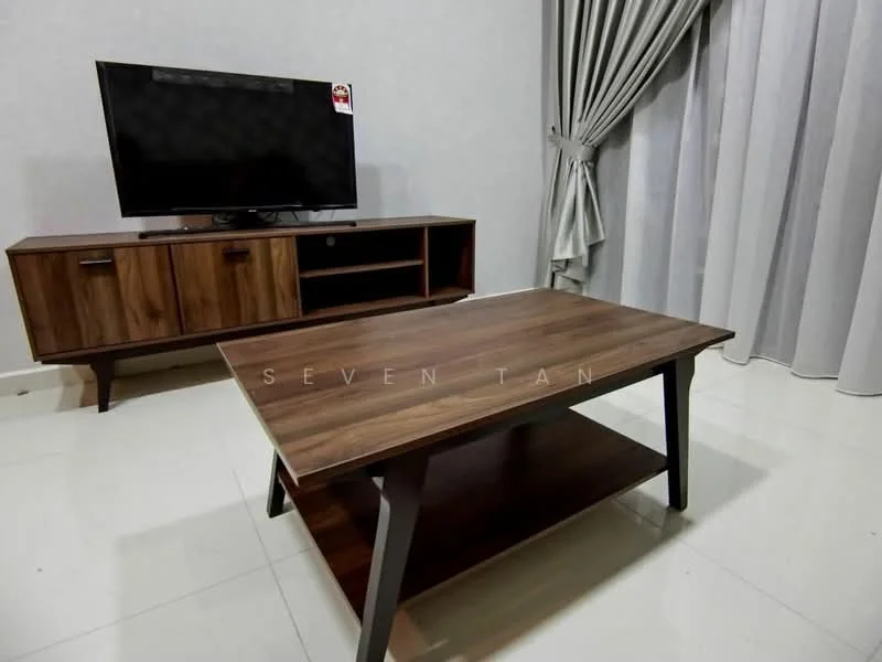 Living features: wooden coffee table with lower shelf, TV console with storage, flat-screen TV, grey curtains, white walls, glossy tile flooring, recessed lighting, decorative wall art; style: modern.