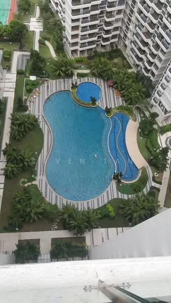 Exterior type: high-rise condominium; features: infinity pool, swimming pool deck, landscaped garden, manicured lawn, palm trees, tropical landscaping, walking paths, children's playground; style: modern.