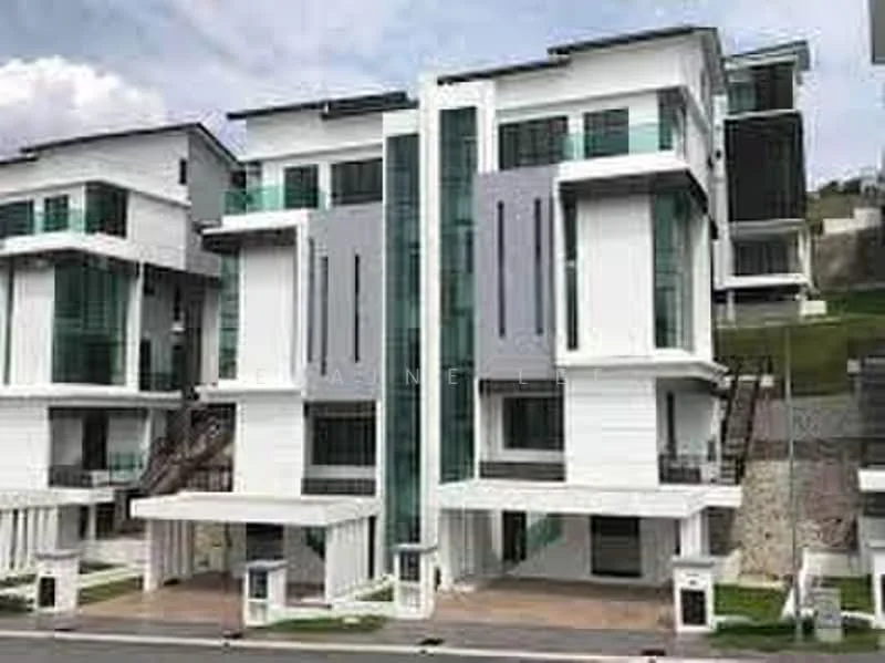 Exterior type: linked terrace house; features: white painted facade, grey accent panels, glass curtain wall, recessed balconies, flat roof, multiple storeys, manicured lawn, paved driveway, surrounded by greenery; style: modern.