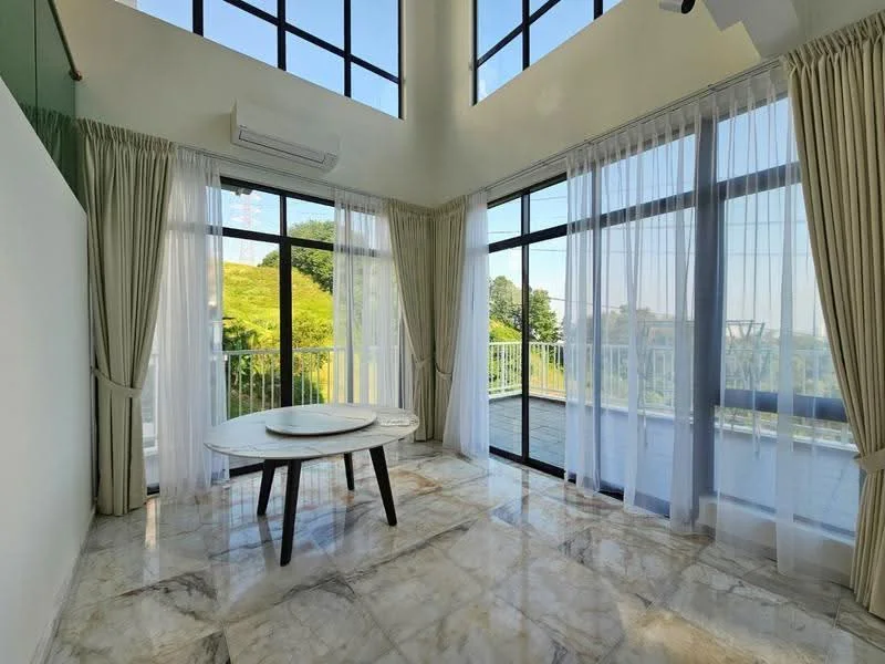 Living features: floor-to-ceiling windows, sheer curtains, marble flooring, high ceiling, dining table, white walls, air conditioning unit, balcony access; style: modern; view: garden.