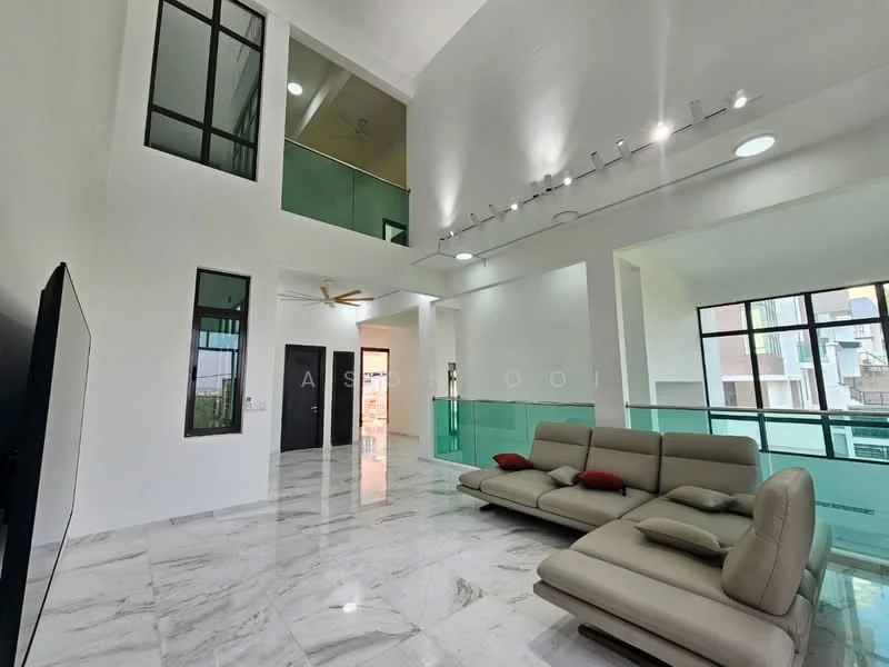 Living features: marble tile flooring, white painted walls, high ceiling, floor-to-ceiling windows, 5-blade ceiling fan with light, recessed LED downlights, L-shape sectional sofa in beige, red accent cushions, TV console, open layout, glass railing, natural light; style: modern; view: city.