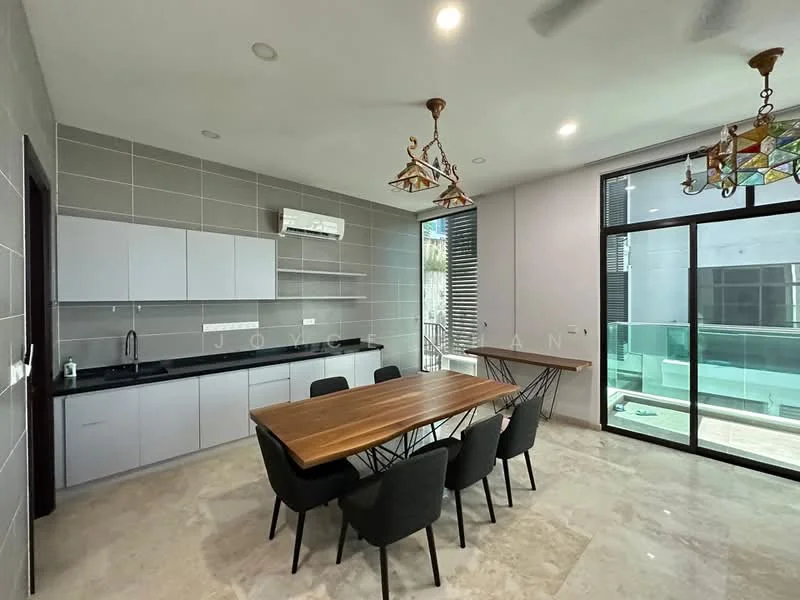 Dining features: rectangular wooden dining table, 6 black upholstered dining chairs, white cabinetry, black countertop, stainless-steel sink, chrome pull-down faucet, wall-mounted split AC, large glass sliding door, floor-to-ceiling windows, marble flooring, decorative pendant lights, grey tiled walls; style: modern; view: pool.