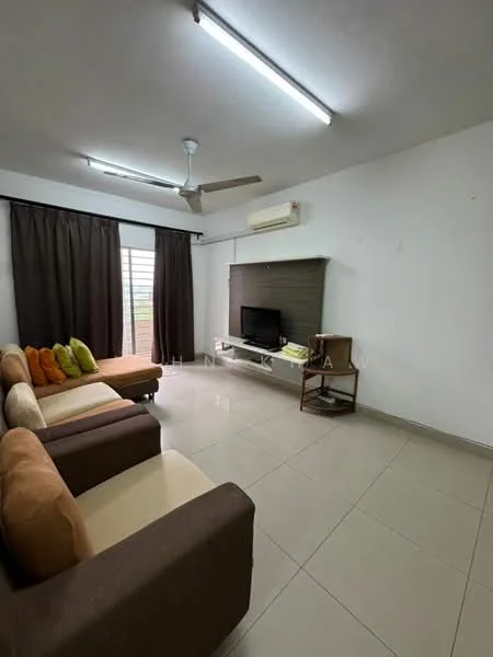 Living features: 3-seater fabric sofa in beige, 2-seater fabric sofa in brown, coffee table, wall-mounted TV, TV console, floor-to-ceiling window with sliding door, dark curtains, ceiling fan with light, air conditioning unit, light-colored tiled flooring, white painted walls; style: modern.