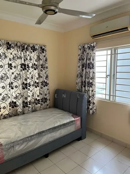 Bedroom features: single bed, upholstered headboard, floral patterned curtains, floor-to-ceiling window, wall-mounted split AC, ceiling fan, cream painted walls, white tiled flooring.
