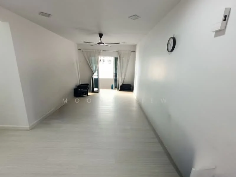 Room features: white painted walls, light-colored flooring, ceiling fan, sliding glass door, curtains, wall clock, recessed lighting, open layout; style: modern.