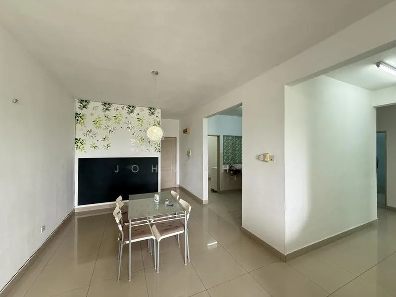 Dining features: white painted walls, floral wallpaper accent wall, glossy beige tile flooring, glass dining table with metal legs, four white dining chairs, pendant light fixture, open layout to adjacent rooms; style: modern. Room features: white painted walls, glossy beige tile flooring, doorway leading to another room, doorway leading to bathroom.