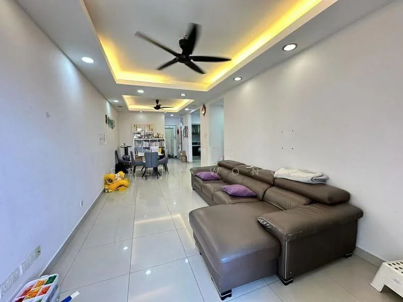 Living features: grey leather sectional sofa, purple throw pillows, white painted walls, recessed ceiling with LED strip lighting, 5-blade ceiling fan, glossy tile flooring, wall-mounted TV, open layout to dining area, decorative wall art, dining table visible in background; style: modern.