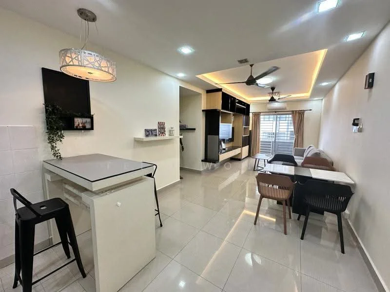 Kitchen features: grey countertop, white cabinetry, stainless-steel sink, chrome pull-down faucet, bar seating with 2 black stools, tile backsplash, white tiled walls, ceramic tile flooring; style: modern. Living features: sofa in beige, wooden coffee table, TV console with wall-mounted TV, ceiling fan with light, recessed LED downlights, large window with sheer curtains, dining table with 4 chairs, wall-mounted decorative shelf; style: modern.