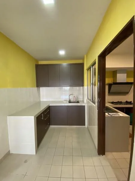 Kitchen features: yellow painted walls, white tiled backsplash, grey laminate cabinetry, white countertop, single-bowl stainless-steel sink, chrome pull-down faucet, built-in oven, freestanding range oven, recessed LED downlights, floor tiles, window with view to adjacent room; style: modern.