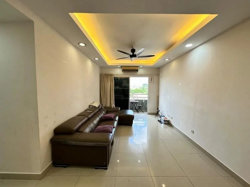 Living features: L-shape sectional sofa in brown leather, coffee table, wall-mounted TV, recessed LED downlights, 5-blade ceiling fan with light, white painted walls, glossy ceramic tile flooring, floor-to-ceiling windows, sliding glass door, balcony view, air conditioning unit; style: modern; view: city.