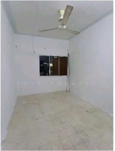 Room features: white painted walls, ceiling fan, window with no treatments, plain ceiling, tile flooring, empty room; style: minimalist.
