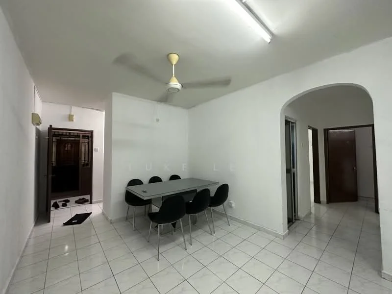 Dining features: white painted walls, white tiled flooring, 5-blade ceiling fan with light, rectangular dining table with 6 chairs, arched doorway leading to hallway, doorway leading to another room, sliding glass door, light fixture on ceiling. Room features: white painted walls, white tiled flooring, doorway leading to hallway, doorway leading to another room.