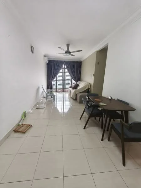 Living features: white painted walls, glossy ceramic tile flooring, 5-blade ceiling fan with light, floor-to-ceiling windows, sliding glass door, curtains, sofa in cream color, dining table with chairs, decorative wall clock; style: modern.