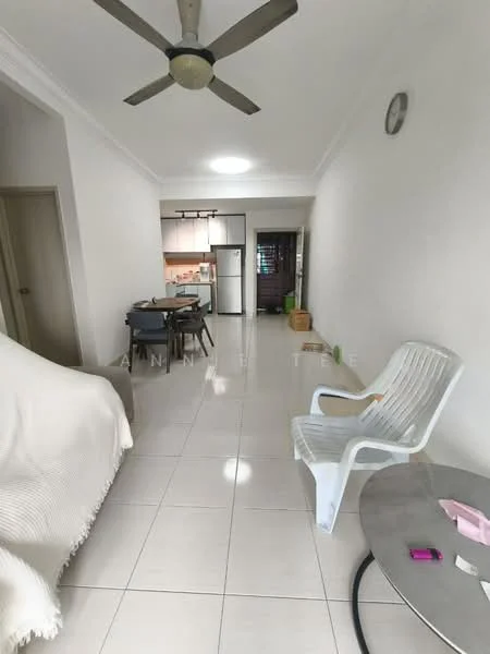 Living features: white painted walls, glossy tile flooring, 5-blade ceiling fan, round ceiling light, sofa with throw blanket, glass coffee table, plastic outdoor chair, dining table with chairs, refrigerator visible in kitchen area, open layout to kitchen, wall clock; style: modern.